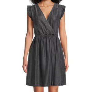 NWT Time and Tru Women's Black Denim Surplus Flutter Sleeve Mini Dress, size L